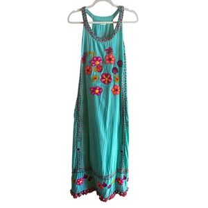Lula Soul Festival Boho Maxi Dress Sz Large Turquoise Floral Design Resort Wear
